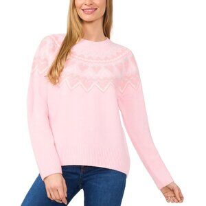 CeCe Women's Heart Fair Isle Crewneck Sweater Pink Size XS MSRP $79